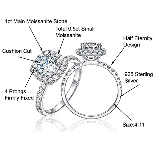 Jansme 1.5ct Cushion Cut Halo Moissanite Engagement Rings for Women Half Eternity 925 Sterling Silver Brilliant Solitaire Square Real Moissanite Engagement Rings Size 5