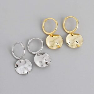 Unique Circle Disc Sterling Silver 925 Dangle Hoop Earrings for Women Minimalist Geometric Dangling Coin Round Cartilage Earring Hypoallergenic Jewelry Gifts (White Gold)