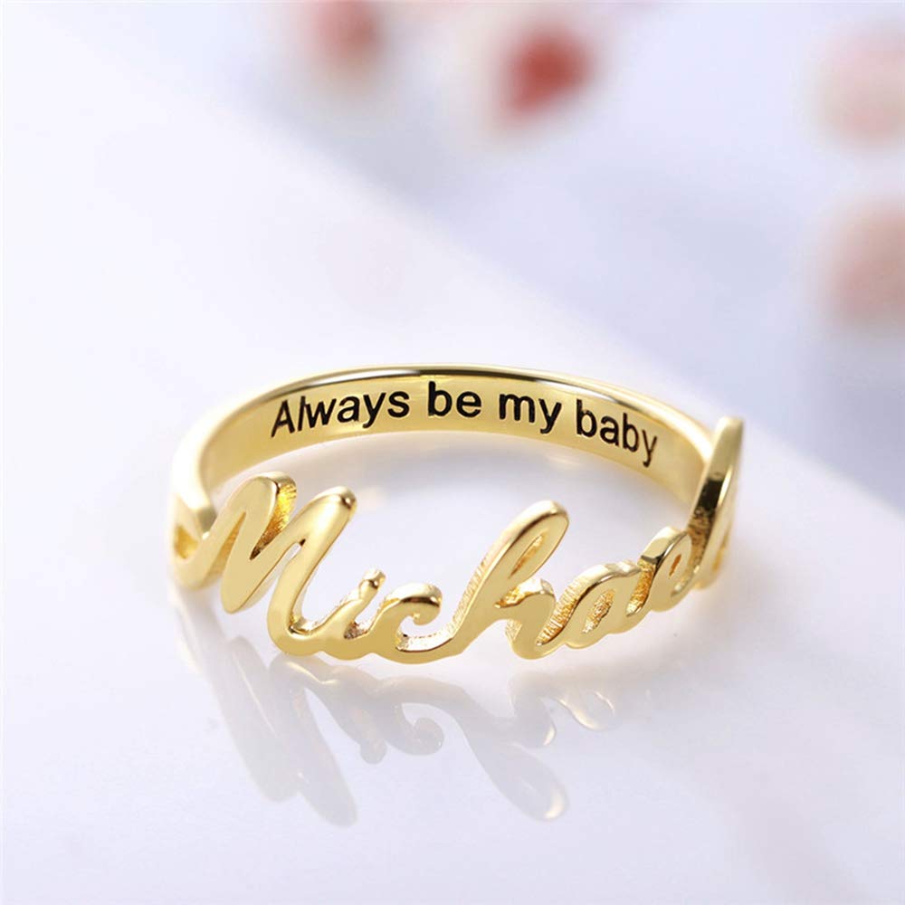 LONAGO Personalized Name Ring Custom Name Plate Stacking Ring Engrave Word Name Initial Ring for Women (Sterling Silver,Yellow Gold Color)