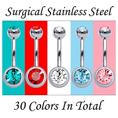 OMAIGAR Belly Button Rings 30 Pieces, Surgical Stainless Steel Belly Rings for Women with Colorful Crystal Diamonds, Body Piercing Navel Ring as Ideal Jewelry Set