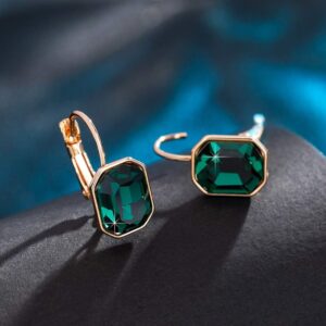 Austrian Crystal Octagon Leverback Drop Earrings for Women 14K Rose Gold Plated Hypoallergenic Jewelry (Emerald)