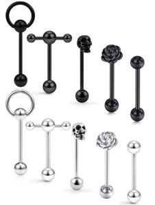 yaalozei 14g tongue rings piercing jewelry for women 14 gauge stainless surgical steel silver black rose tongue piercing skull tongue barbell bar ring piercings jewelry women men flower 16mm 5/8 inch