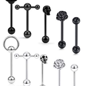 Yaalozei 14G Tongue Rings Piercing Jewelry for Women 14 Gauge Stainless Surgical Steel Silver Black Rose Tongue Piercing Skull Tongue Barbell Bar Ring Piercings Jewelry Women Men Flower 16mm 5/8 inch