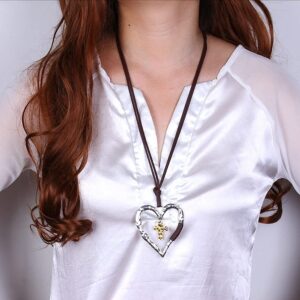 MEIDIJINGBEI Vintage silver heart pendant necklace leather pendant necklace for women (Leather heart pendant)