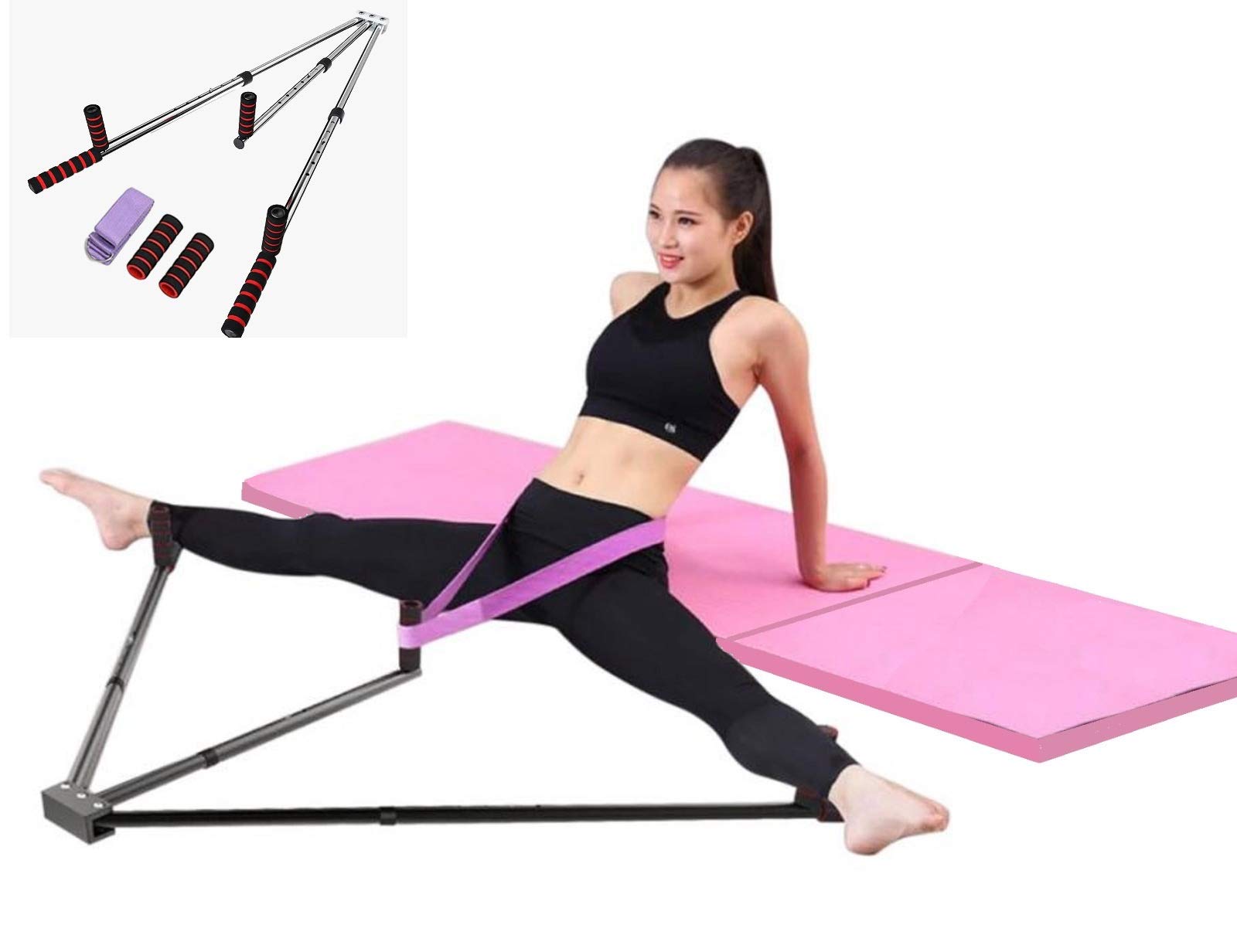 Pro-Gymnastics Gymnastics Mat 2" Thick Tri-Fold Folding Exercise Tumble Mat - with 3 Bar Leg Stretcher Flexibility Stretching Machine for Gymnastics, Yoga, Aerobics, MMA, Home Gym Exercise Workout Mat