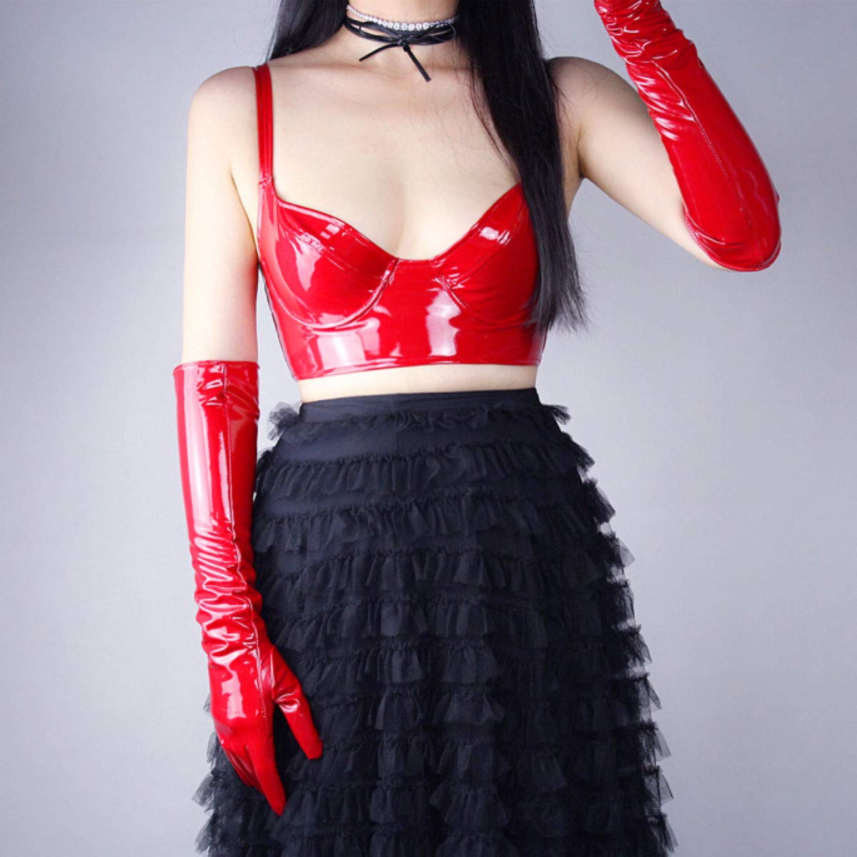 DooWay Red Latex Gloves Women Shine Faux Patent PU Wet Look 20-inch Opera Costume Party Evening