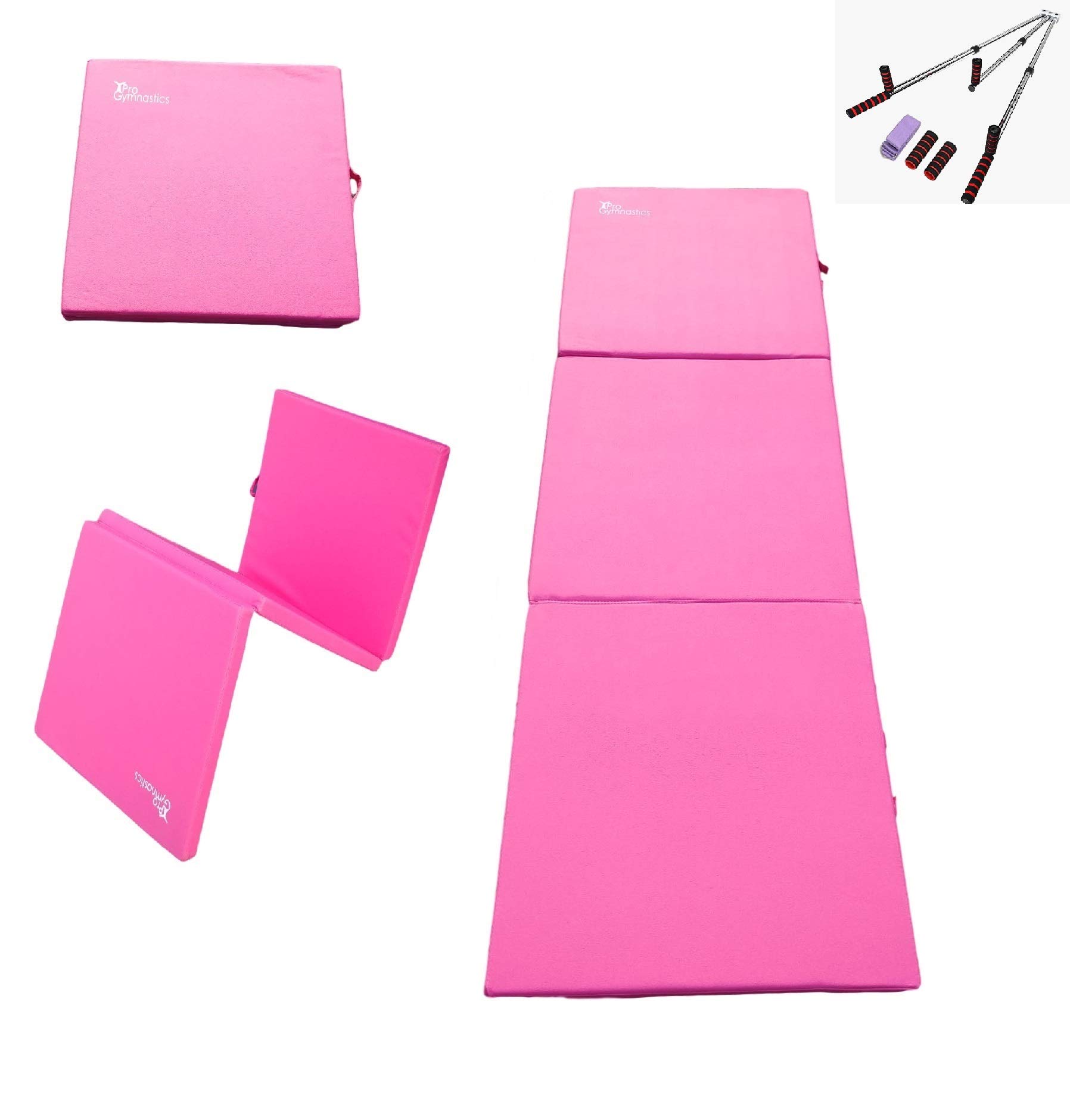 Pro-Gymnastics Gymnastics Mat 2" Thick Tri-Fold Folding Exercise Tumble Mat - with 3 Bar Leg Stretcher Flexibility Stretching Machine for Gymnastics, Yoga, Aerobics, MMA, Home Gym Exercise Workout Mat