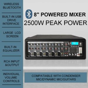 PRORECK MX15 15inch 2500W Bluetooth Powered PA System Mixer/Amp with Stands/Mic Effect Controller 48V Phantom Power, Audio Interface