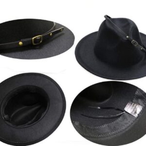 Women's Felt Panama Hats Classic Wide Brim Rancher Fedora with Belt Buckle (Black, 56-58cm/22-22.8in)