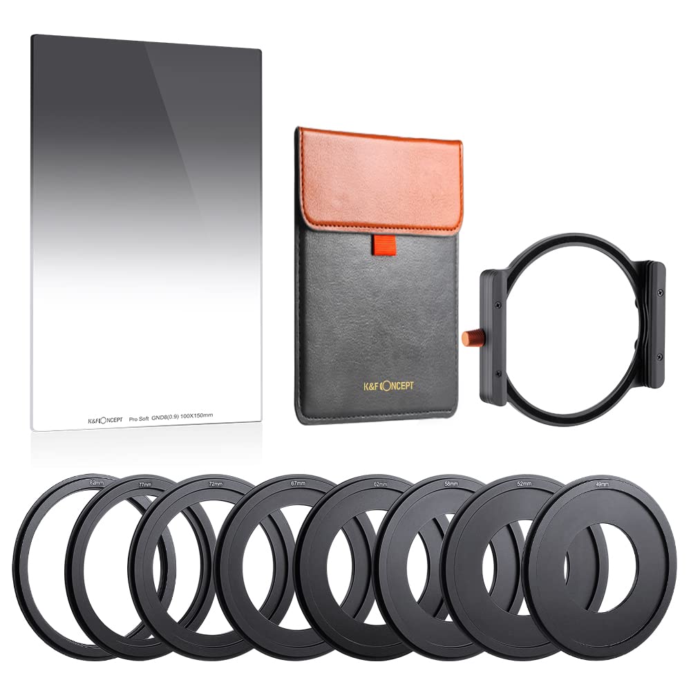 K&F Concept Soft GND8 (3 stops) + Metal Filter Holder + 8 * Adapter Ring Square Filter Kit, 100x150mm Soft Graduated Neutral Density Filter Set for Camera Lens