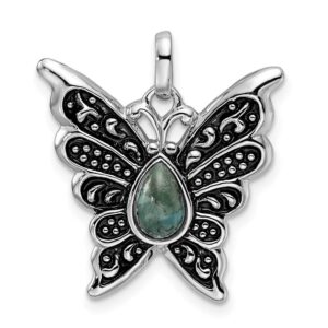 sterling silver rhodium/oxidized reconstituted turquoise butterfly pendant qqp5013