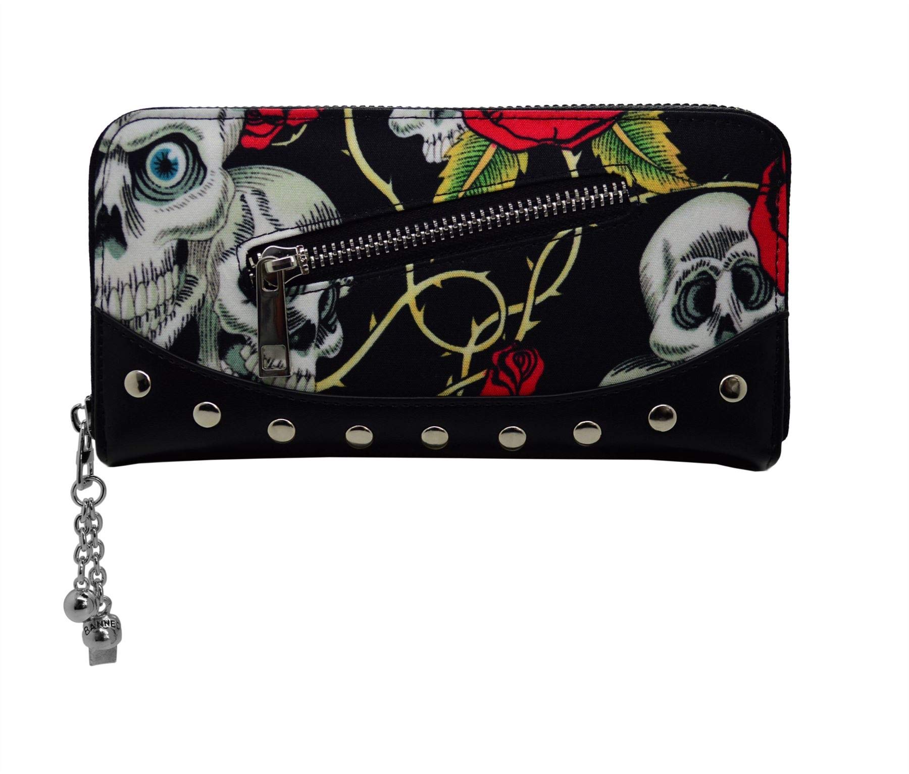 Lost Queen Skulls & Roses Women's Black Wallet Faux Leather Zip Around