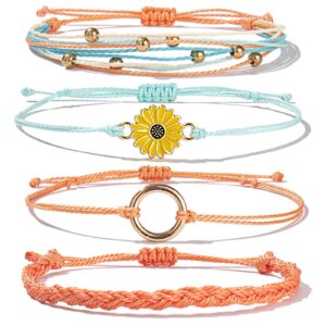 FANCY SHINY Sunflower String Bracelet Handmade Braided Rope Charms Boho Surfer Bracelet for Women(Coral)