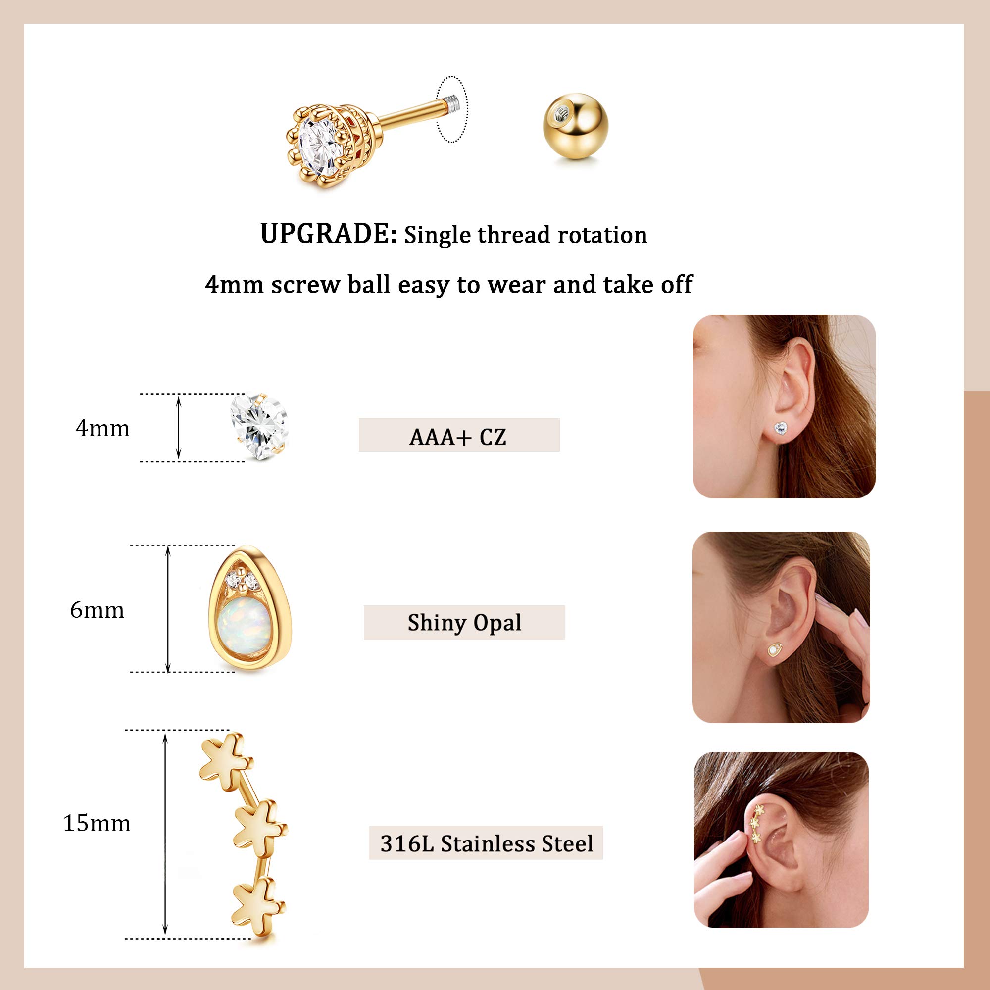 SAILIMUE 16Pcs 16G Studs for Women Surgical Stainless Steel Helix Tragus Couch Hoop Piercing Earrings Set Opal Shiny CZ Cartilage Earrings Silver/Gold/Rose Gold Tone