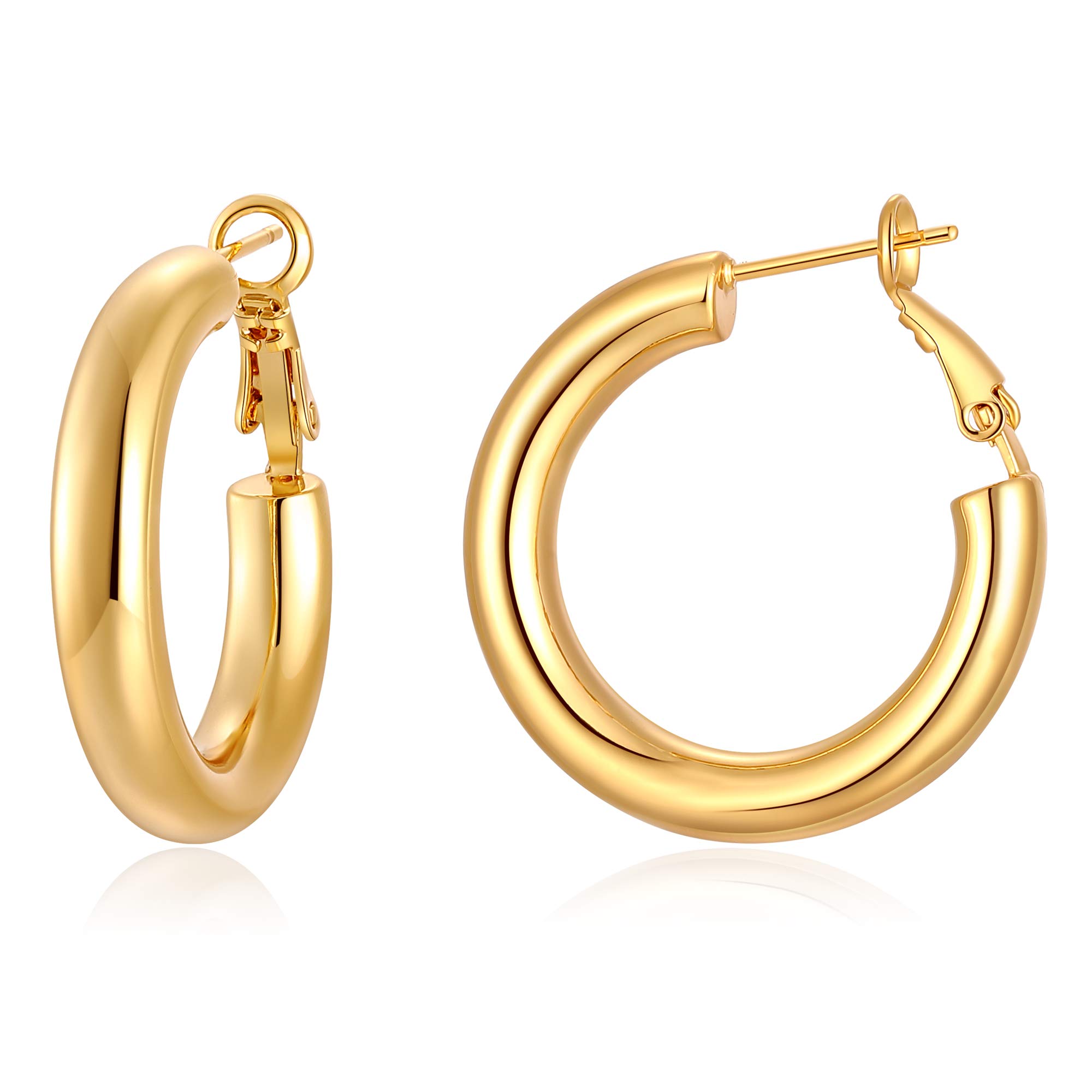 Thick Gold Hoop Earrings for Women 14K Gold Plated Chunky Hoops Hypoallergenic Lightweight Hollow Tube Earrings 30mm