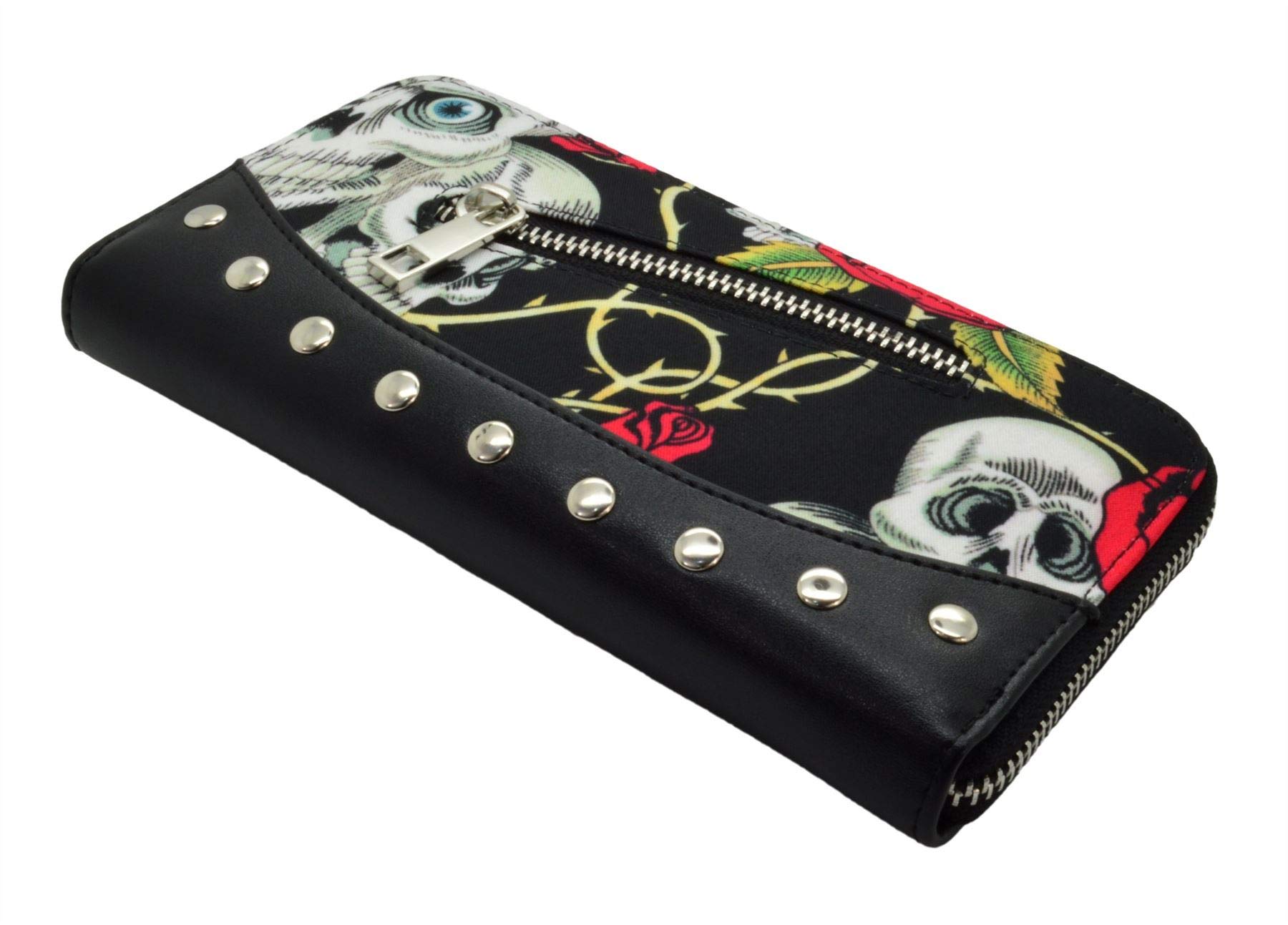 Lost Queen Skulls & Roses Women's Black Wallet Faux Leather Zip Around