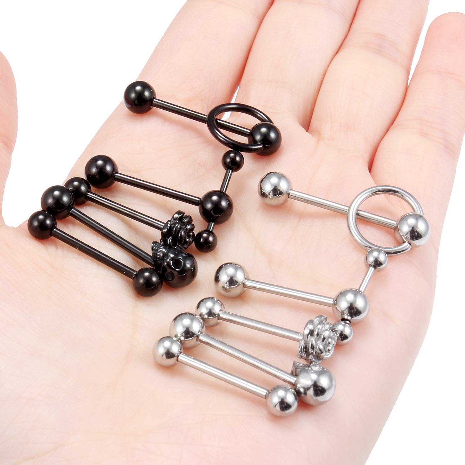 Yaalozei 14G Tongue Rings Piercing Jewelry for Women 14 Gauge Stainless Surgical Steel Silver Black Rose Tongue Piercing Skull Tongue Barbell Bar Ring Piercings Jewelry Women Men Flower 16mm 5/8 inch