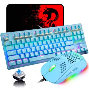 mechanical gaming keyboard blue switch mini 82 keys wired rainbow led backlit keyboard,lightweight gaming mouse 6400dpi honeycomb optical,gaming mouse pad for gamers and typists(blue)