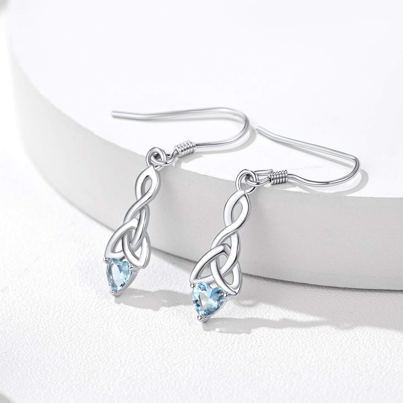 Silvora Celtic Knot Drop Earrings Heart Birthstone Dangle Earrings for Women Sterling Silver Jewelry March Birthstones