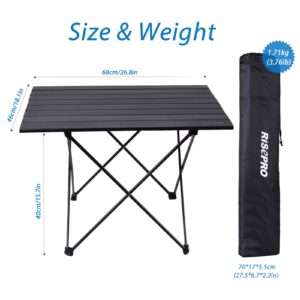 RISEPRO Portable Camping Table, Ultralight Folding Table with Aluminum Table Top and Carry Bag, Easy to Carry, Ideal for Outdoor, Camping, Picnic, Cooking, Beach, Hiking, Fishing 68 X 46 X 40cm