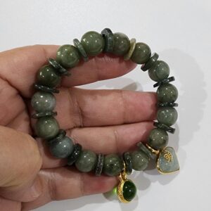 10.80 mm. Jade Bracelets for Women Genuine Green Colors Bangle Energy Gems Jadeite Charms with Pendant Naga Eye Green Crystal and Heart Bring Money Wealth