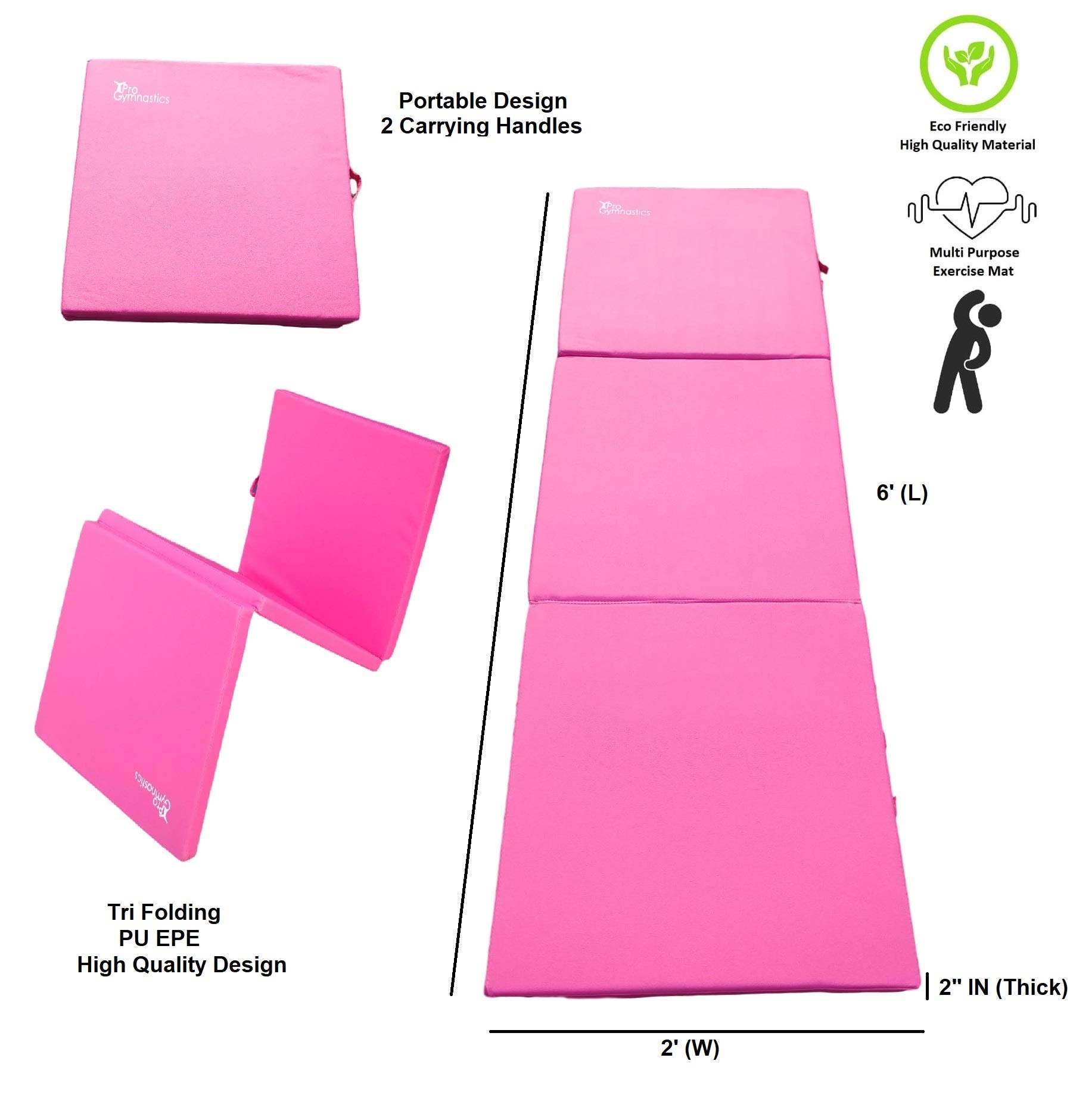 Pro-Gymnastics Gymnastics Mat 2" Thick Tri-Fold Folding Exercise Tumble Mat - with 3 Bar Leg Stretcher Flexibility Stretching Machine for Gymnastics, Yoga, Aerobics, MMA, Home Gym Exercise Workout Mat