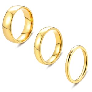 LOYALLOOK 2mm 4mm 6mm Gold Rings Stainless Steel Knuckle Rings Plain Dome Stackable Rings Wedding Band for Women Men 3Pcs Size 7