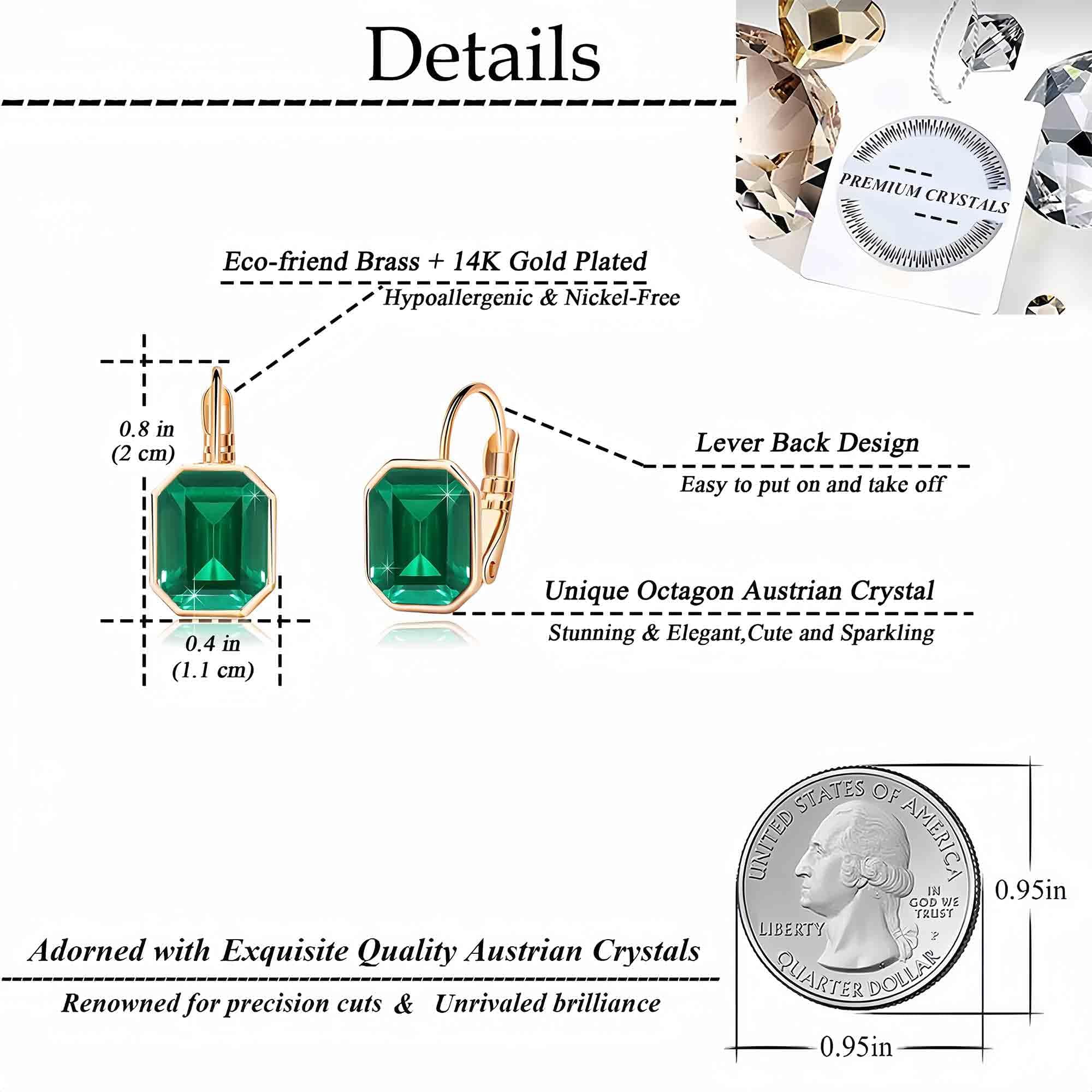 Austrian Crystal Octagon Leverback Drop Earrings for Women 14K Rose Gold Plated Hypoallergenic Jewelry (Emerald)