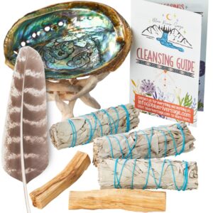 Home Cleansing & Smudging Kit with 3 White Sage, 2 Palo Santo, Abalone & Stand, Smudge Feather & Guide (Deluxe)