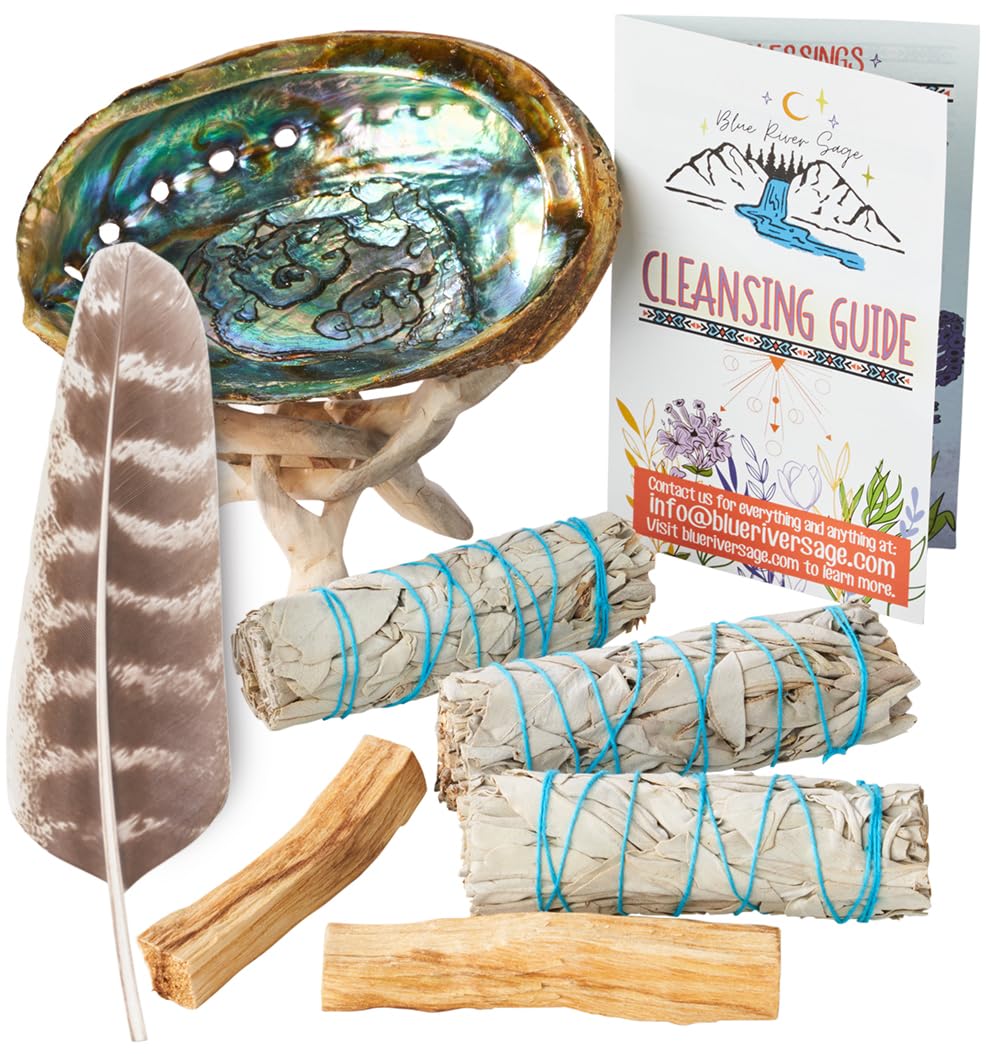 Home Cleansing & Smudging Kit with 3 White Sage, 2 Palo Santo, Abalone & Stand, Smudge Feather & Guide (Deluxe)