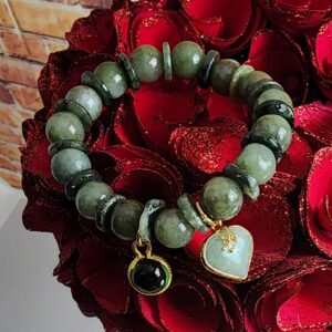 10.80 mm. Jade Bracelets for Women Genuine Green Colors Bangle Energy Gems Jadeite Charms with Pendant Naga Eye Green Crystal and Heart Bring Money Wealth