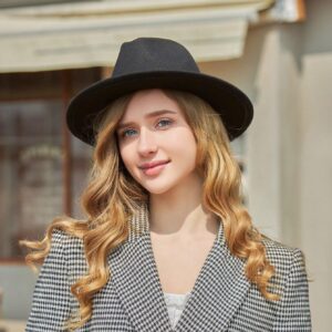 Women's Felt Panama Hats Classic Wide Brim Rancher Fedora with Belt Buckle (Black, 56-58cm/22-22.8in)