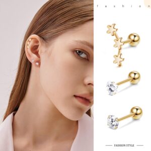 SAILIMUE 16Pcs 16G Studs for Women Surgical Stainless Steel Helix Tragus Couch Hoop Piercing Earrings Set Opal Shiny CZ Cartilage Earrings Silver/Gold/Rose Gold Tone