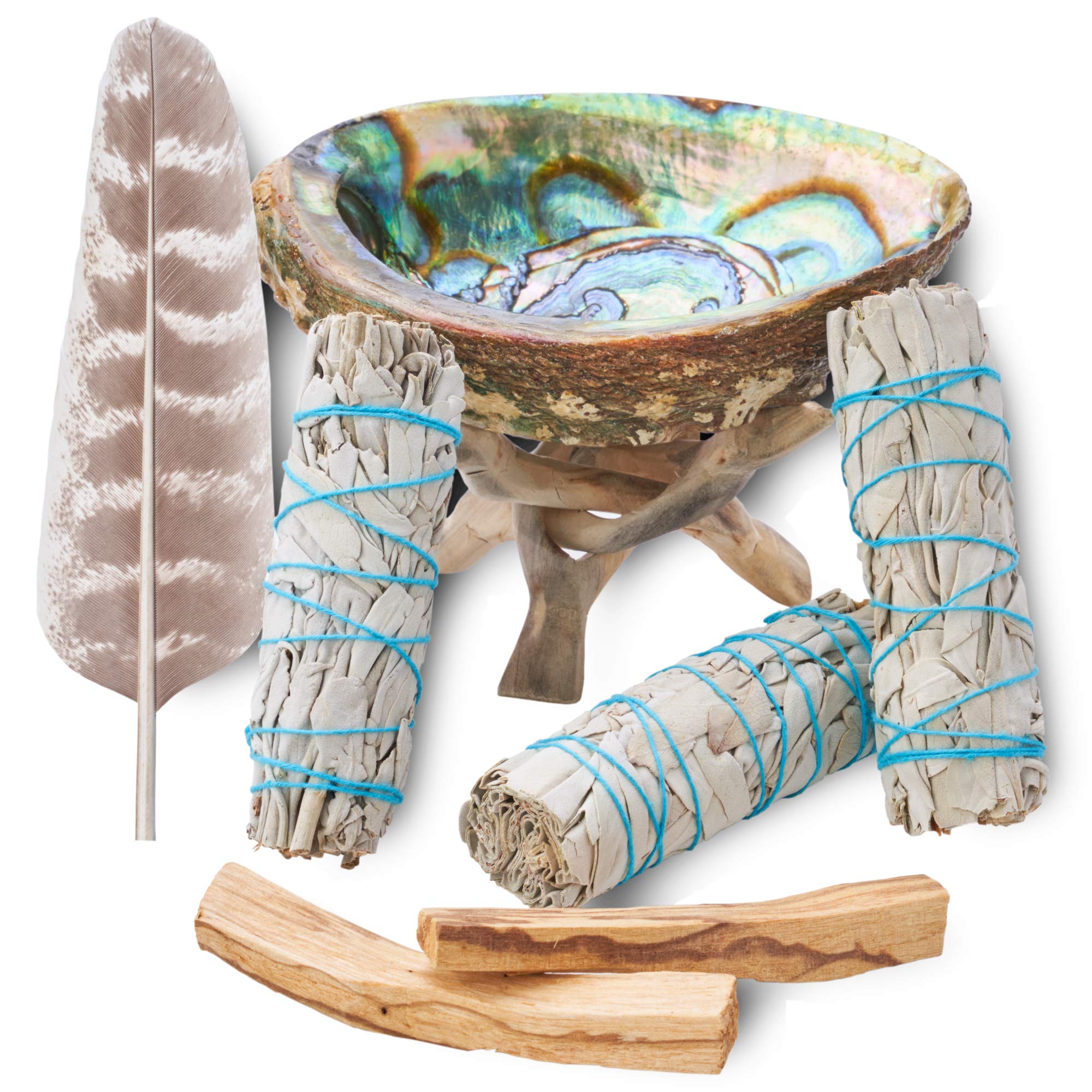 Home Cleansing & Smudging Kit with 3 White Sage, 2 Palo Santo, Abalone & Stand, Smudge Feather & Guide (Deluxe)