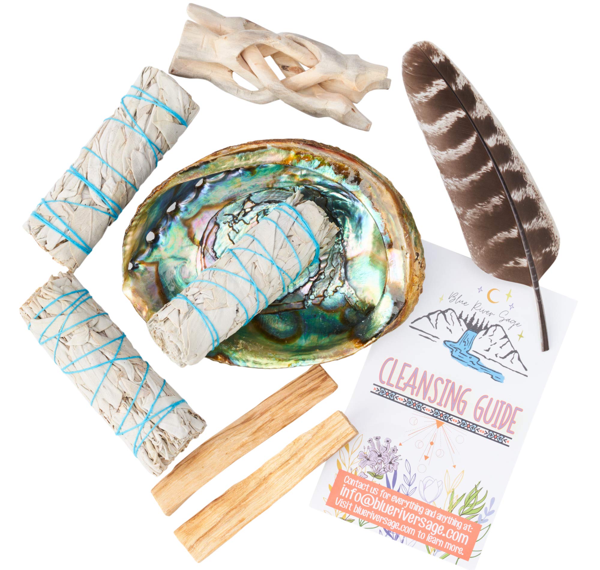 Home Cleansing & Smudging Kit with 3 White Sage, 2 Palo Santo, Abalone & Stand, Smudge Feather & Guide (Deluxe)