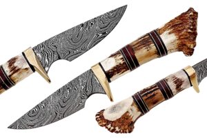 damascus steel hunting knife - fixed blade knives with sheath - firm grip handle made of stag horn(st2)