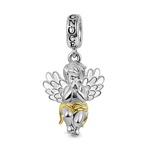 GNOCE Angel with Wings Charm Pendant Sterling Silver Lovely Angel Baby Angle Charm Bead Fit Bracelet/Necklace Charm for Women Girls (Boy Angel)