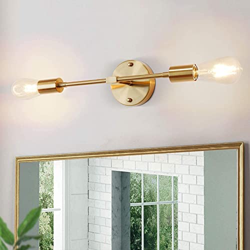 SunRider 2-Light Vanity Light Fixtures, Gold Bathroom Wall Sconce Mid Century Modern Wall Mounted Lamp Brushed Golden Sconce Indoor Vintage Wall Light