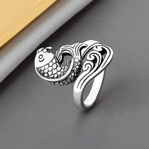 KOEDLN Vintage Koi Fish Ring Animal Thai Silver Opening Adjustable Ring for Women Jewelry