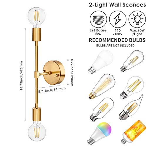 SunRider 2-Light Vanity Light Fixtures, Gold Bathroom Wall Sconce Mid Century Modern Wall Mounted Lamp Brushed Golden Sconce Indoor Vintage Wall Light