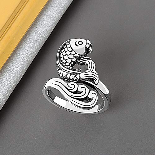 KOEDLN Vintage Koi Fish Ring Animal Thai Silver Opening Adjustable Ring for Women Jewelry