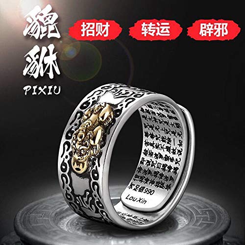 KOEDLN Vintage Pixiu Ring 990 Silver Brave Troops Mantra Protect Wealth Lucky Adjustable Ring for Women Men-Veins 1