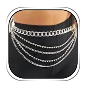 Reetan Sparkly Rhinestone Chain Belt Layered Boho Waist Chain Rave Belly Chain Nightclub Body Jewelry Accessories for Women (Silver)