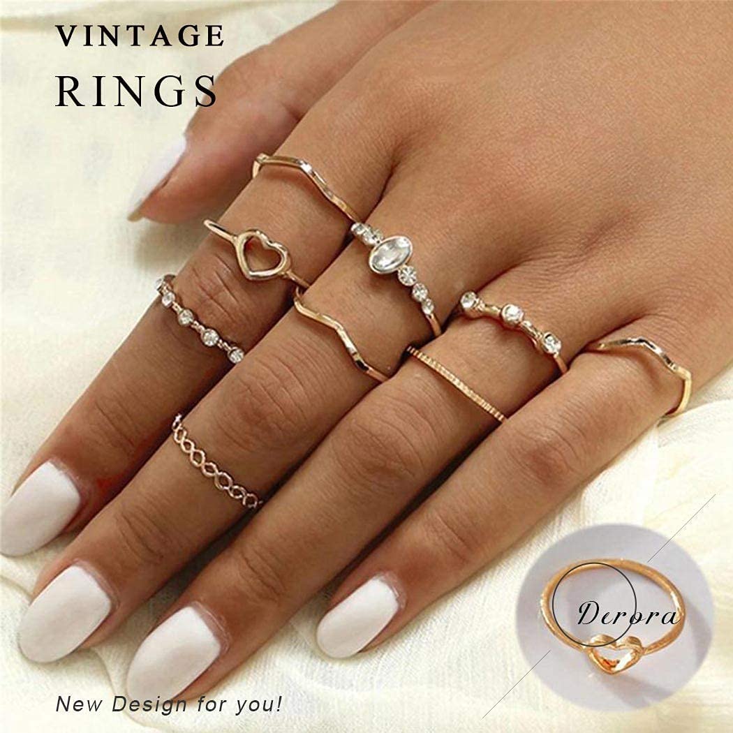 Salliy Boho Rings Set Gold Rings Crystal Joint Knuckle Finger Rings Stackable Rings Jewelry for Women (F)