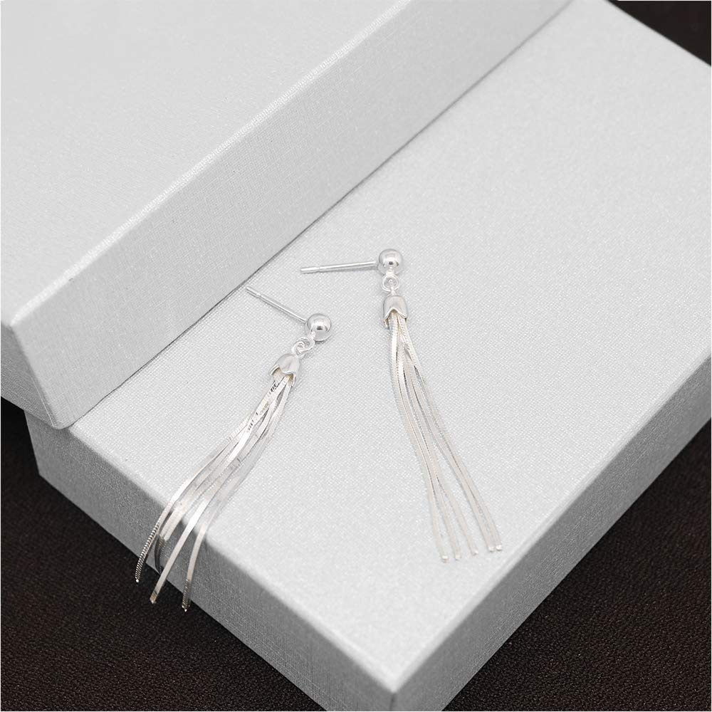 Savlano 925 Sterling Silver White Yellow & Rose Color Dangle Drop Tassel Threader Stud Women Earrings (White)