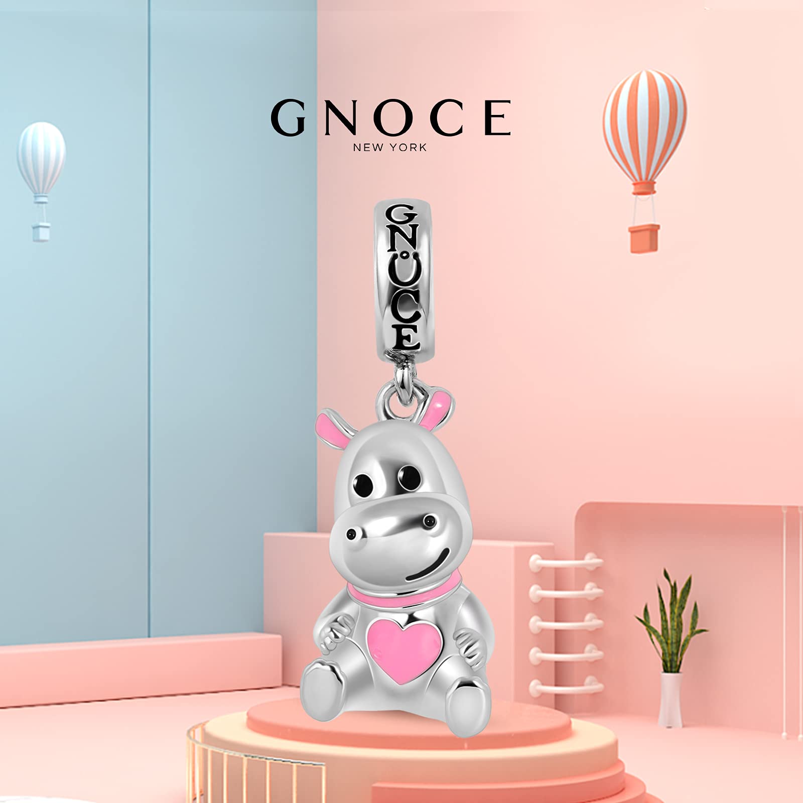 GNOCE Cute Hippo Pendant Charm Sterling Silver Animal Dangle Charm Fit Bracelet/Necklace Christmas Gift Charms for Women Wife