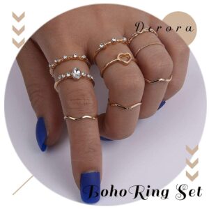 Salliy Boho Rings Set Gold Rings Crystal Joint Knuckle Finger Rings Stackable Rings Jewelry for Women (F)