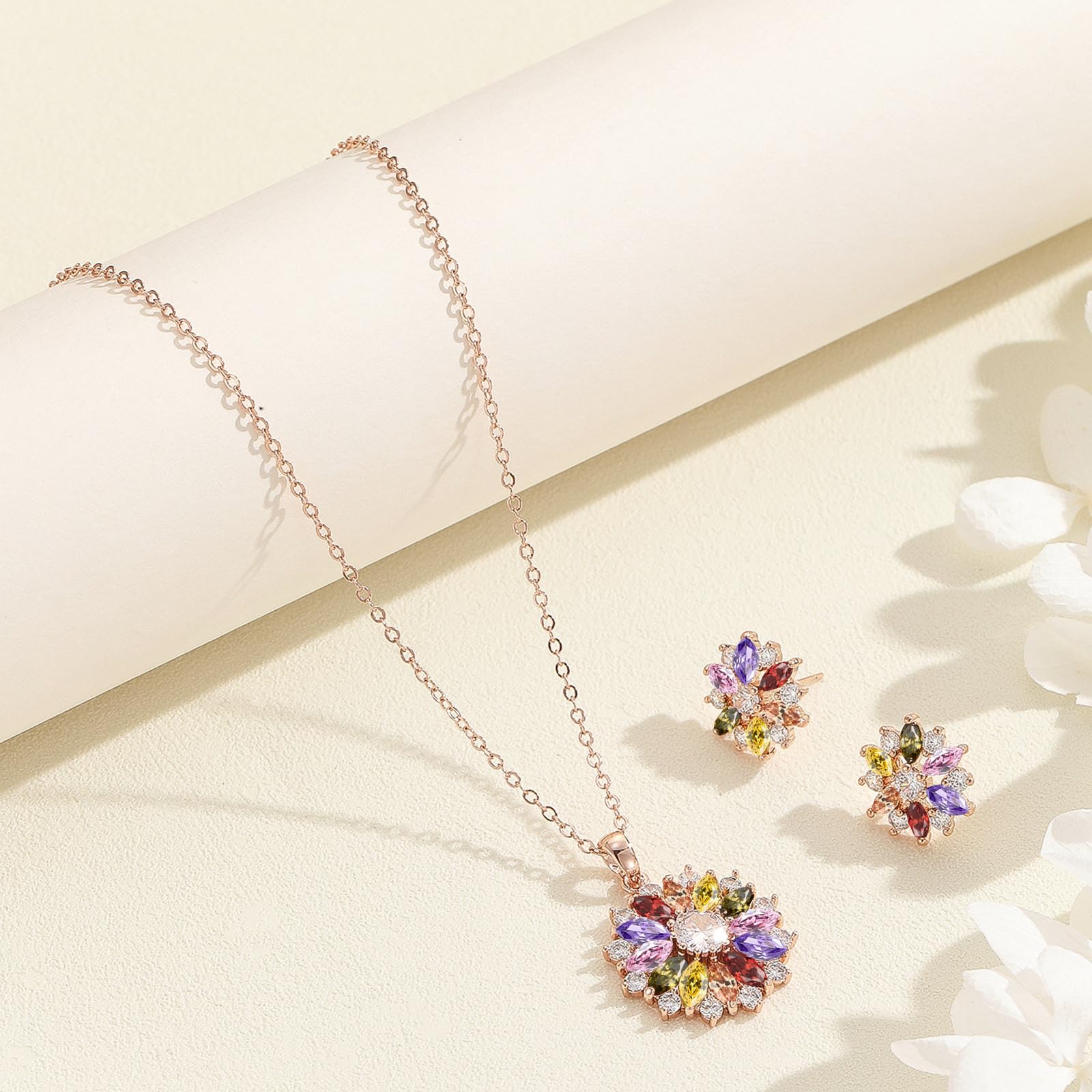 VONSSY Colorful Snowflake Pendant Necklace Earrings Rose Gold 5A Cubic Zirconia | Crystal Sweater Chain | Multi Gemstone Garnet Amethyst Morganite Peridot Prom Rhinestone Necklaces