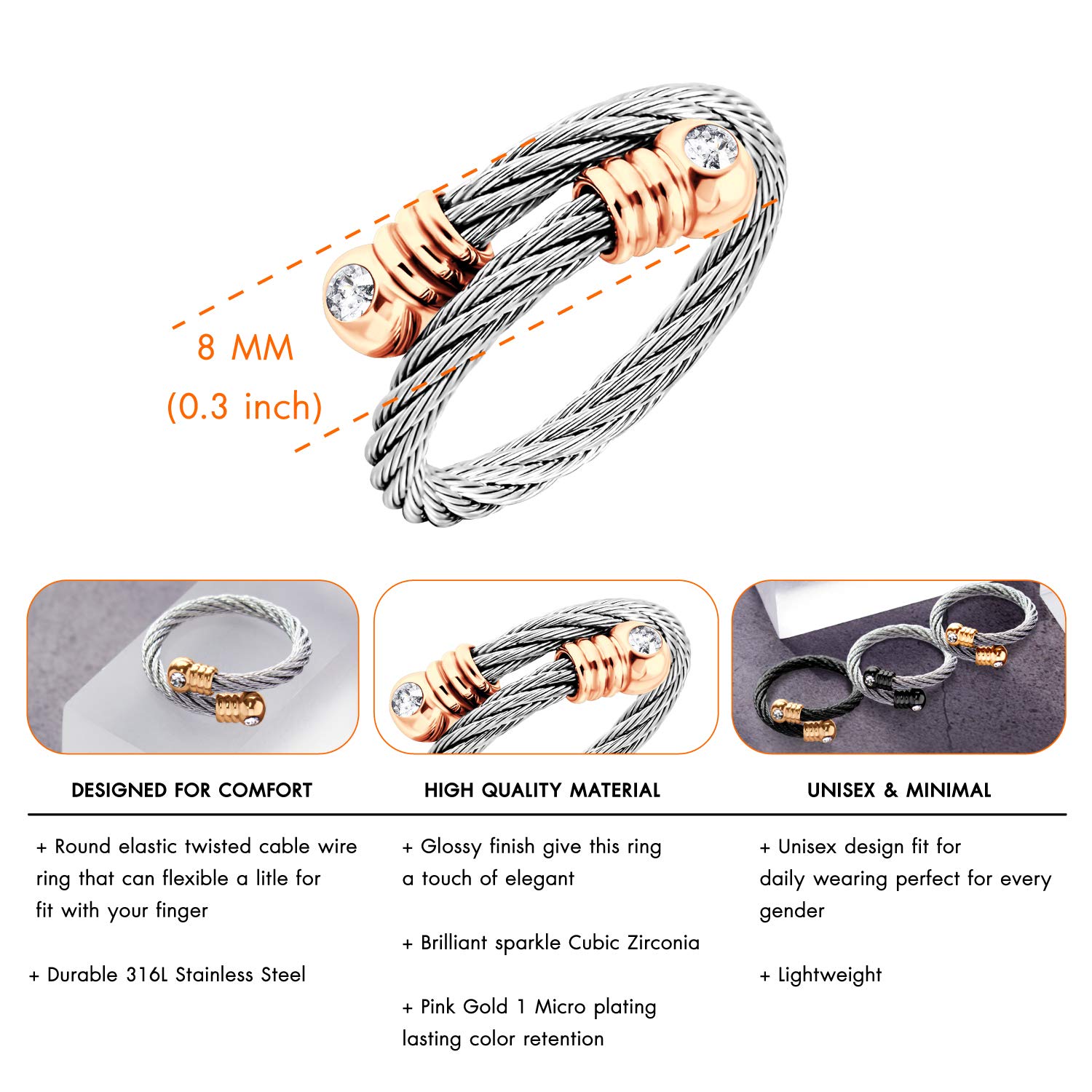 555Jewelry Cute Stainless Steel Twisted Cable Adjustable Ring for Women & Ladies, Modern Sparky Cubic Zirconia Open Ring for Women, Stackable Womens Ring, Silver & Rose Gold