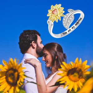 BEILIN You Are My Sunshine Sunflower Ring for Women S925 Sterling Silver I Love You Forever Promise CZ Heart Ring Adjustable Wrap Open Ring